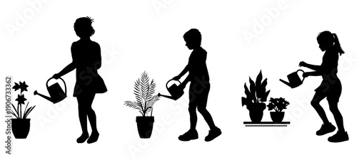 Children silhouettes, little boy and girl watering flowers. Vector illustration.	

