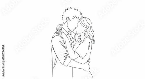 Continuous line drawing of a man and woman embracing and kissing on a plain white background with a minimalist style.