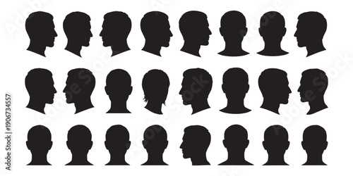 Vector mega set of male head profile silhouettes, collection of man face side and front view icons for user avatar and character design.