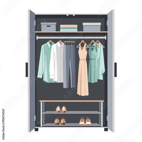 Open wardrobe with organized clothes, shoes, and accessories showcasing neat clothing arrangement and stylish home storage