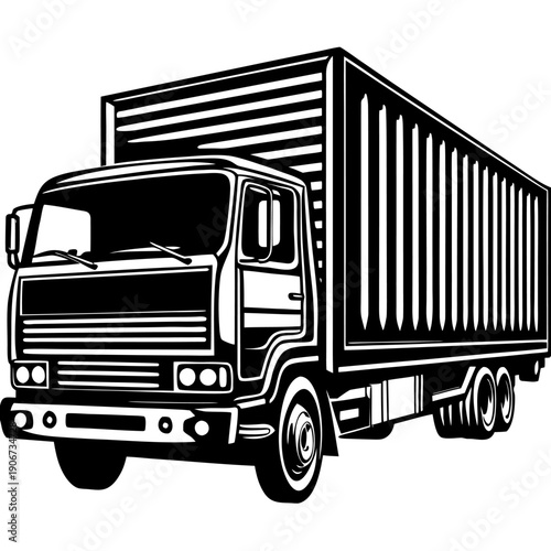 Black and white illustration of a heavy-duty cargo truck with detailed engine grill and large cargo container on a flatbed trailer