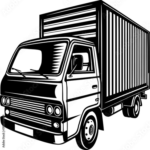 Black and white vintage delivery truck illustration with detailed lines and bold contrast