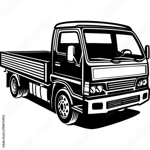 Monochrome flatbed truck illustration showcasing detailed vehicle design with bold line art and classic automotive elements