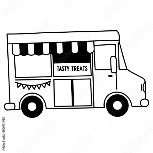 Black and white outline of mobile food truck with canopy and tasty treats sign
