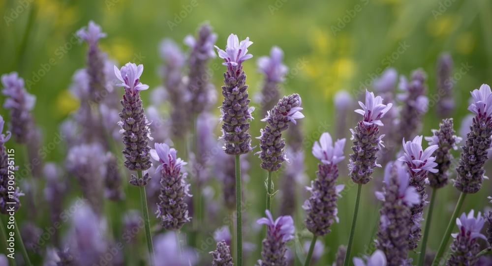 Naklejka premium Detailed purple lavender flowers in full bloom with vivid petals close up in field