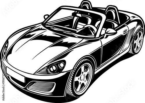 Sleek black and white convertible car with detailed lines and shiny surfaces showcasing stylish design and sporty appeal in high contrast illustration