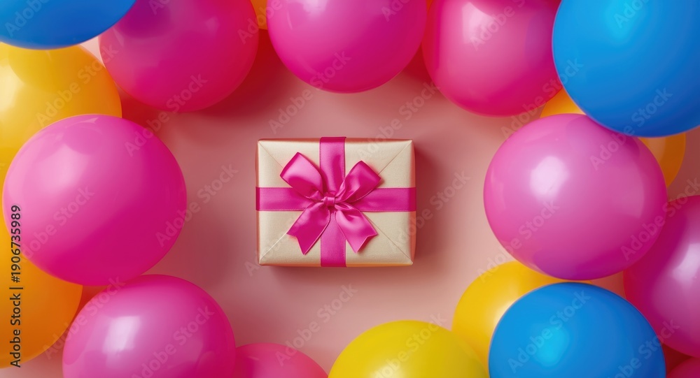 Naklejka premium Brightly hued birthday balloons framing a gift box in a flat lay composition