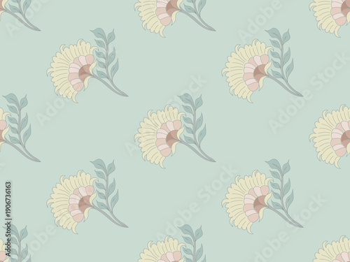 Folk vintage floral pattern soft block print flower seamless repeat decorative wallpaper and textile design.