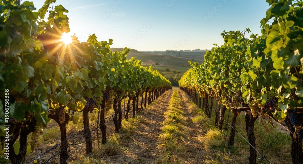 Naklejka premium Beautiful vineyard with ripe wine grapes glowing in early morning light