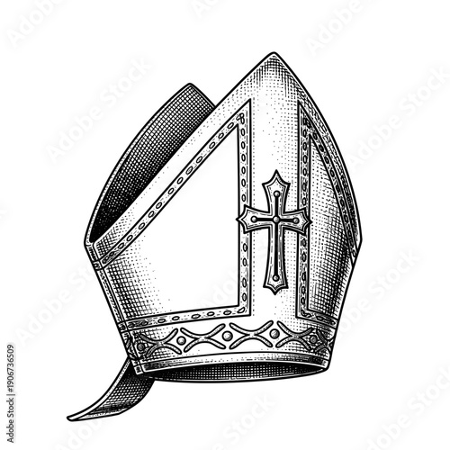 Intricately detailed illustration of a bishops hat with a cross design, isolated on a white background, showcasing elegant religious symbolism