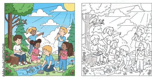 Happy diverse children playing in nature forest by a river, drawing and watching fish on a sunny day