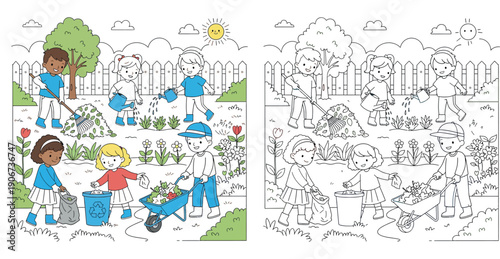 Cute vector illustration of happy diverse children gardening together, raking leaves watering plants and recycling trash, educational cartoon