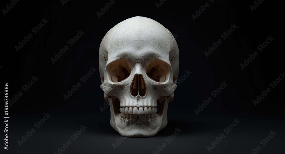 Fototapeta premium Front view of a human skull on a dark silent backdrop created with AI generation tools