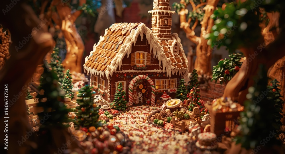 Fototapeta premium Colorful kids artwork capturing a gingerbread house scene from the Hansel and Gretel story