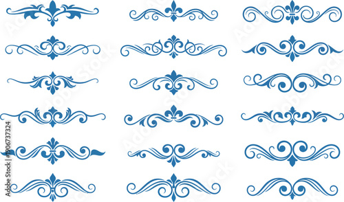 Collection of 18 elegant blue ornamental dividers and swirls for decorative borders and accents in classic designs.