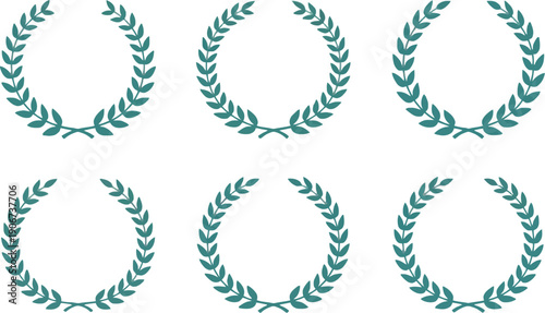 Set of six green laurel wreath icons, symbolizing victory, achievement, and excellence for awards and design.
