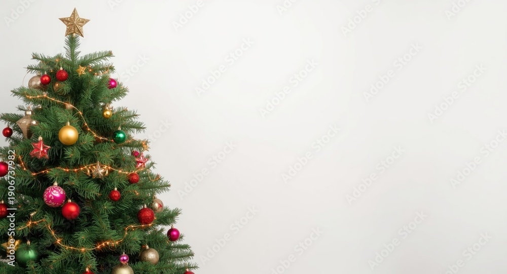 Naklejka premium Decorated fir tree Christmas backdrop with open copy space from a top viewpoint