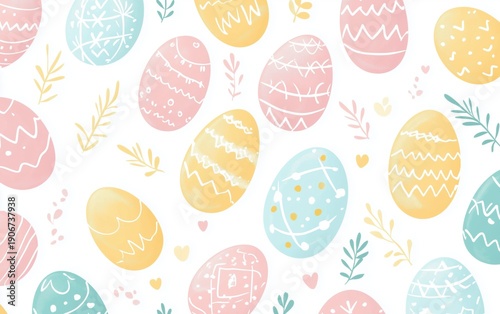 Seamless Easter pattern with pastel decorated eggs on white background