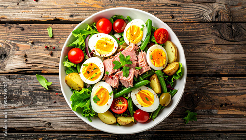 Salade Niçoise on Rustic Wooden Table  