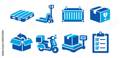 Shipping and logistics blue icons set