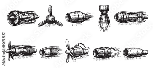 A set of hand-drawn airplane and rocket engines. Vector illustration on white background. Use for aviation, technology, or history related concepts.
