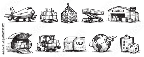 Air Cargo Transportation Sketch Icons: Global Logistics Concept