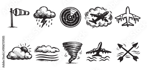 Hand-drawn set of weather-related and aviation icons in black ink on white. Includes windsock, storm, radar, airplane. Great for weather, travel, aviation themes.