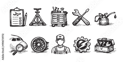 Hand-drawn style vector icons related to aircraft maintenance and repair. Includes tools, checklist, and mechanic. Ideal for aviation industry visuals and more.
