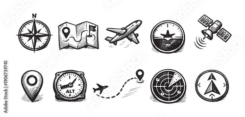 A collection of hand drawn travel icons including compass, map, plane, altitude, radar, satellite, navigation. Perfect for adventure, exploration, or travel related designs.