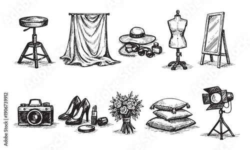 Black and white sketch of a photographer's studio elements including camera, stool, backdrop, and fashion accessories. Suitable for backgrounds or textures related to style.