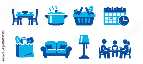 Household and daily activities blue icons set