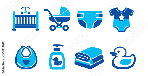 Baby care blue icons set