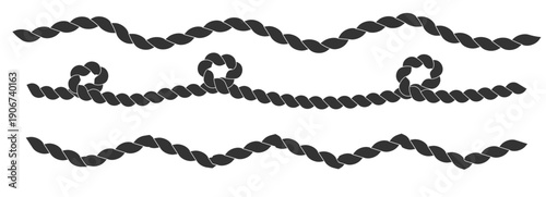 Rope brush simple decorative rope for frames and borders. Marine rope texture. Thick cord or wire element set.