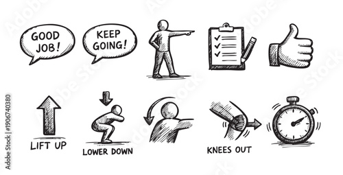 Black and white doodle style illustration with fitness instructions, encouragement and assessment icons. Good for fitness apps, educational materials, or motivational content.
