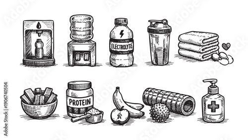 Hand sketched illustration of fitness, workout, gym, and healthy lifestyle objects. Great for health, training, exercise, or wellness themed designs.