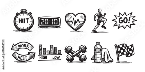 A collection of hand-drawn style icons related to fitness, exercise, and health. Includes workout timer, heart rate, weights, and other related imagery for a healthy lifestyle.