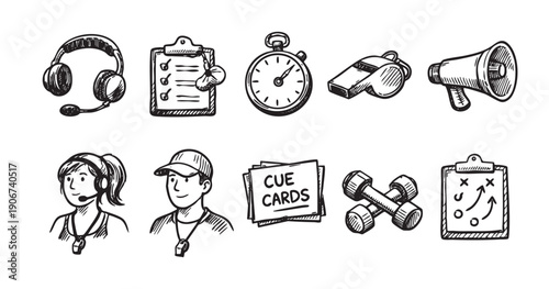 Hand-drawn illustration of coaching tools like a clipboard, stopwatch, weights, megaphone, strategy board, and coaches. Ideal for sports, training, and leadership themes.