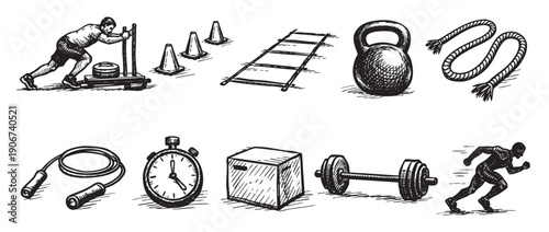 Black and white illustration showcasing hand-drawn fitness equipment and athletes, perfect for workout guides, gym promotions, and health-related content, vintage style.