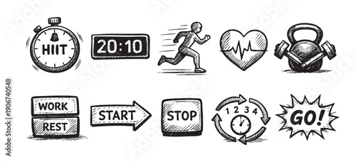 Hand drawn style illustration of fitness icons including HIIT, running, heart rate, kettlebell, and timing. Perfect for apps, website design, and health blogs.