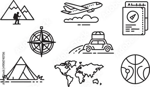 Travel and adventure icons on transparent background outline vector illustration