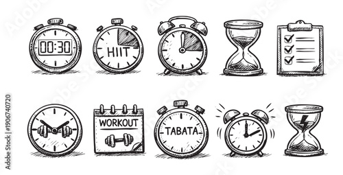 Hand drawn vector illustration of fitness timers: stopwatch, HIIT clock, Tabata timer, dumbbells, workout calendar, alarm clock, checklist, hourglass. For gym ads, schedule apps.