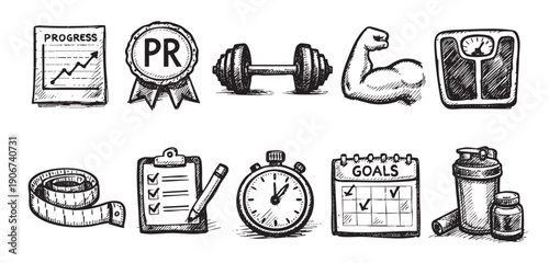 Set of hand-drawn black and white icons representing fitness, health, and goal achievement. Ideal for wellness, progress tracking, and motivational content.