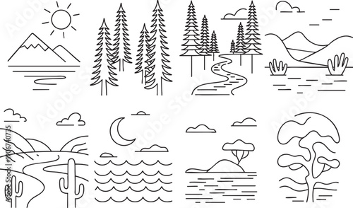 Collection of simple line art natural landscapes and vistas with sun moon mountains trees