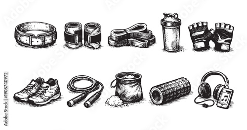 An illustration of fitness equipment like a weight belt, wrist wraps, shoes, protein powder, and headphones, perfect for gym or fitness content. Drawn in a hand-drawn sketch style.