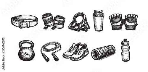 Black and white hand drawn illustrations of various fitness equipment on white background. Ideal for illustrating blog posts, ads, and social media related to fitness.