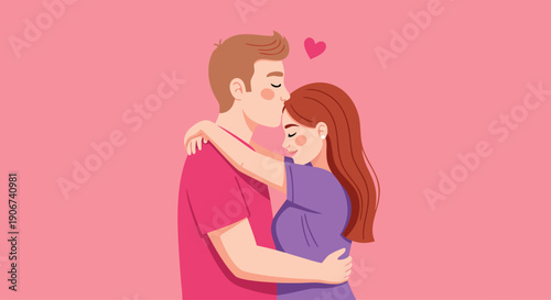 Illustration of a loving couple hugging and showing affection on a pink background with a heart above them, symbolizing romance and relationships