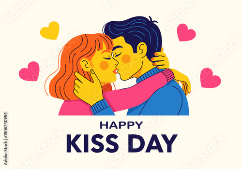 Romantic illustration of a happy couple sharing a sweet kiss, celebrating love and affection with colorful hearts on Kiss Day greeting card design