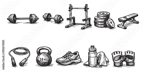Sketch illustration of fitness equipment, dumbbells, kettlebell, jump rope, gloves, water bottle and weights. Use for gym, fitness, healthy lifestyle, workout content.