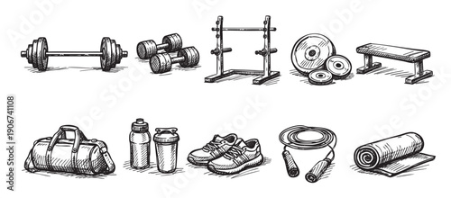 Hand-drawn style illustration of gym equipment set, including dumbbells, barbell, rack, weights, bench, bag, bottles, shoes, rope, and mat. Great for fitness or health designs.