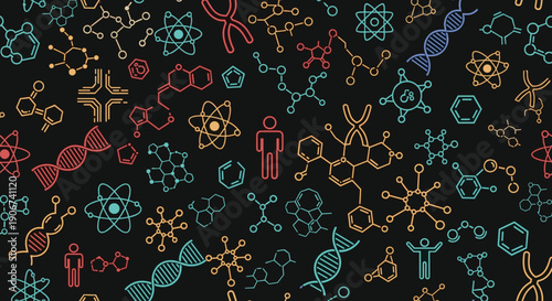 Intricate dark background pattern featuring colorful scientific symbols including DNA molecules atoms and silhouettes for educational themes.